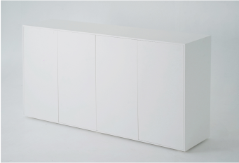 A wide shot of a minimalist white sideboard. The front features four closed doors, each flush with the overall structure. 